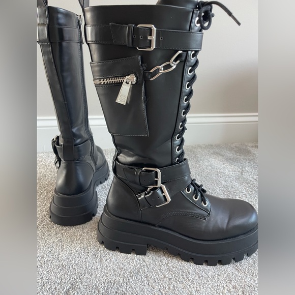Zara Black Knee-High Lace-Up Boots with Buckles - Picture 3 of 5